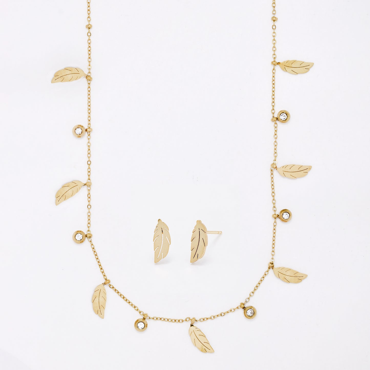 SSMST3457 - Steel 40cm + 5cm crystal & feather charm necklace & earring set