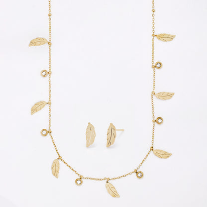 SSMST3457 - Steel 40cm + 5cm crystal & feather charm necklace & earring set