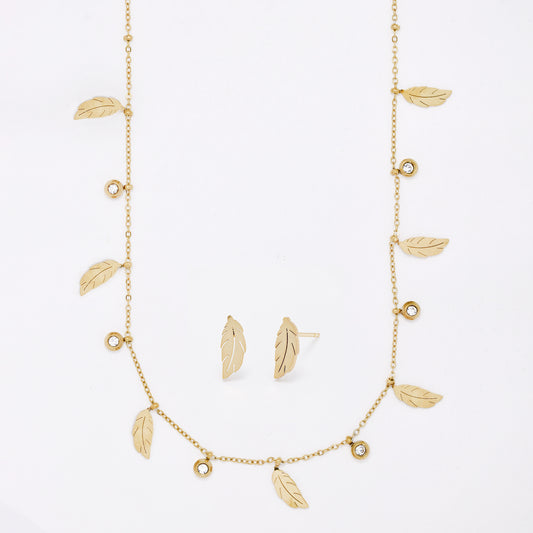 SSMST3457 - Steel 40cm + 5cm crystal & feather charm necklace & earring set