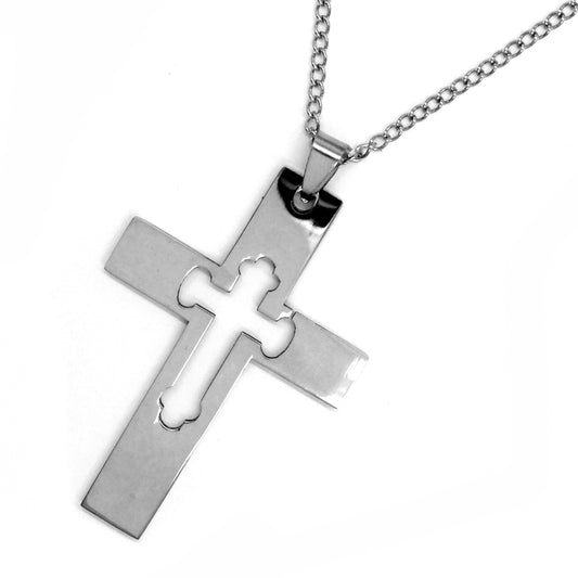Stainless steel large cutout cross pendant on chain - SSP2144