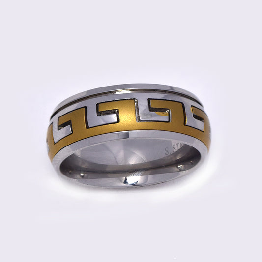 Stainless steel two tone Grecian pattern ring - SSR2794