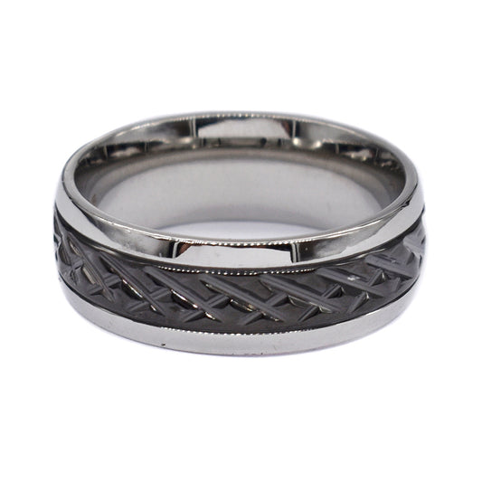 Stainless steel two tone diamond pattern ring - SSR2850
