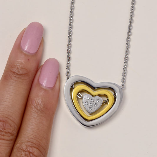 Stainless steel 2 tone 3 layered CZ heart necklace