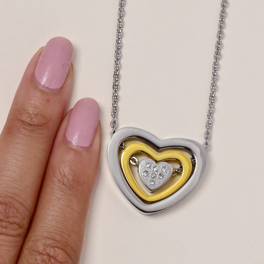 Stainless steel 2 tone 3 layered CZ heart necklace - SSRP008