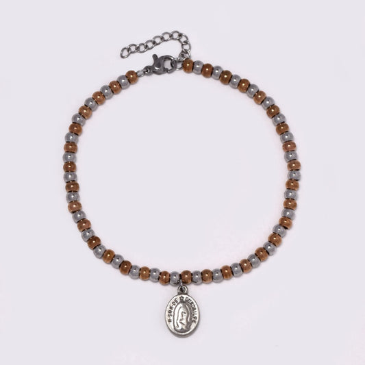 Stainless steel and rose gold ball religious charm bracelet - SSVB7476