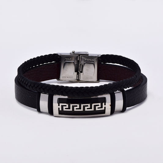 Stainless steel Grecian ID bracelet with textured and  braided leather straps - SSVB9195