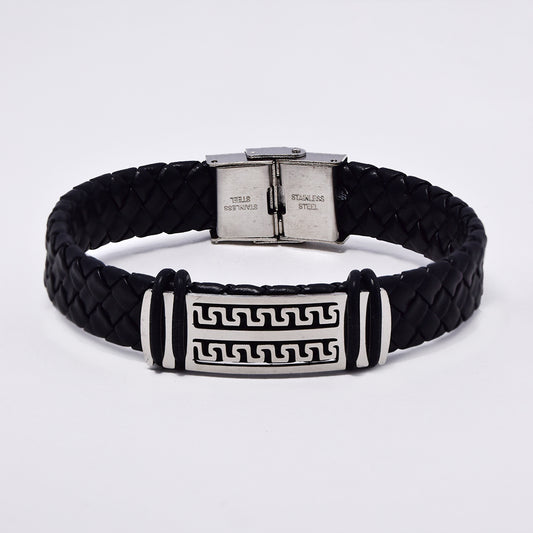 Stainless steel Grecian ID bracelet with braided leather straps - SSVB9200