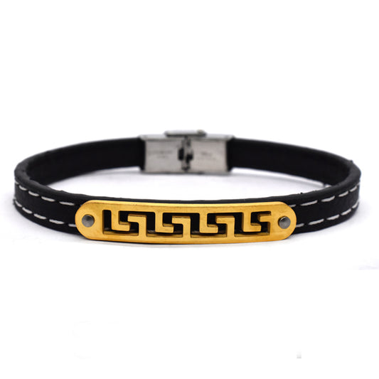 Stainless steel gold Grecian ID leather bracelet - SSVB9201