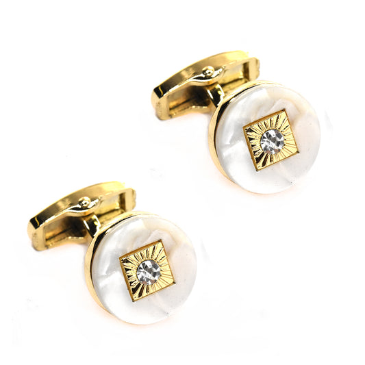 Stainless steel gold plated round mother of pearl cufflinks
