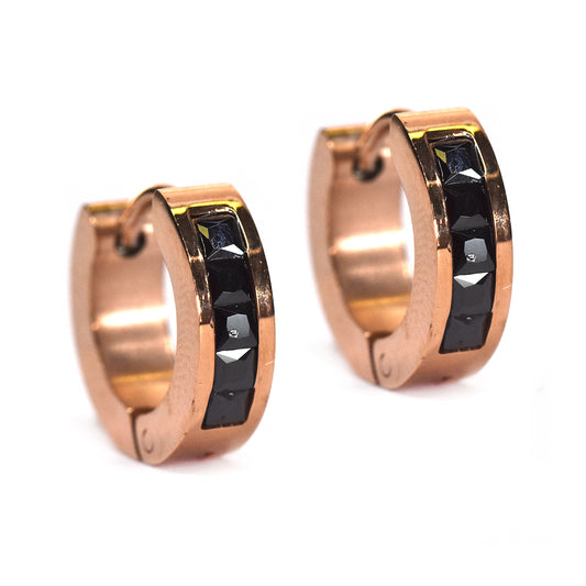 Buy 1 get 1 FREE - Stainless steel black cubic zirconia channel huggie earrings   rose gold - SSVE6257i