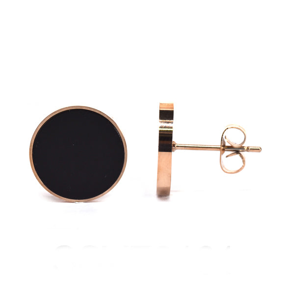 Stainless steel rose gold and black 13mm disc stud earrings - SSVE8161