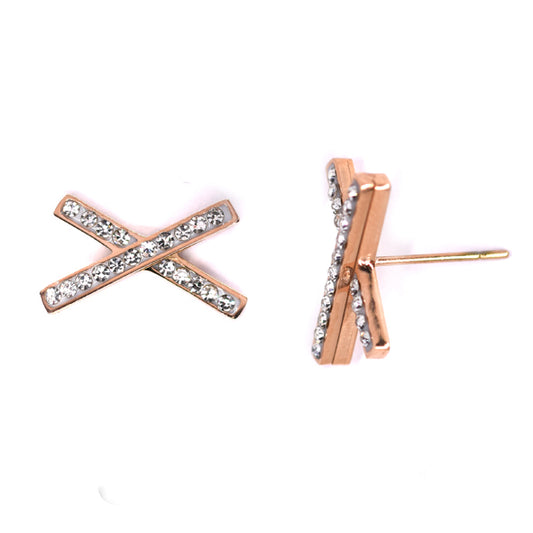Stainless steel rose gold plated cubic zirconia X stud - SSVE8284