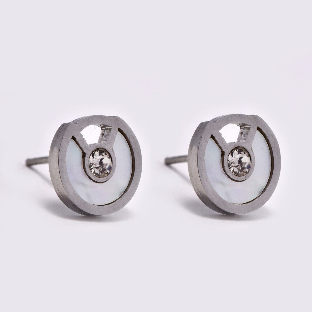 Stainless steel mother of pearl round cubic zirconia stud - SSVE8702
