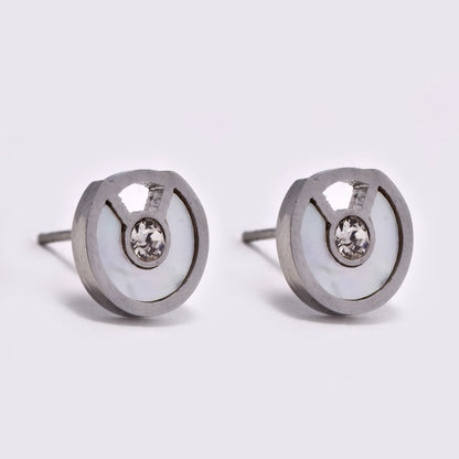 Stainless steel mother of pearl round cubic zirconia stud - SSVE8702