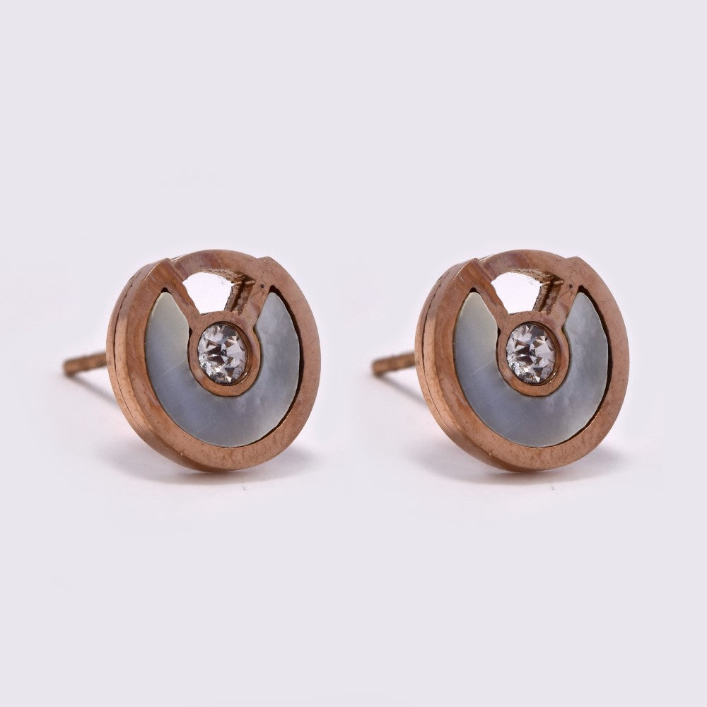 Stainless steel mother of pearl round cubic zirconia stud - SSVE8702