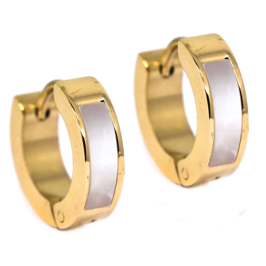 Stainless steel gold plated mother of pearl huggie - SSVE9217B