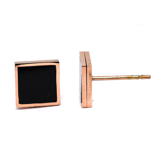 Stainless steel 8mm rose gold black centre square stud - SSVE9285