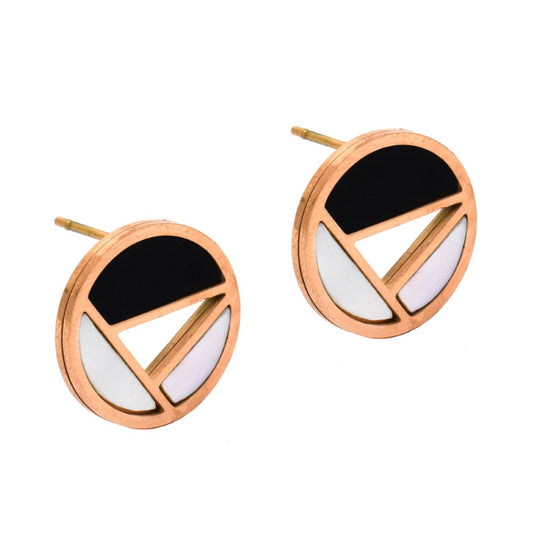 Stainless steel rose gold round white and black enamel stud - SSVE9302