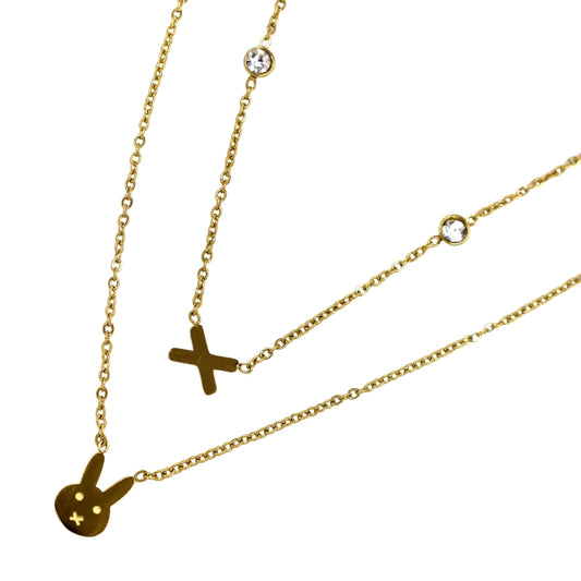 Stainless steel gold layered bunny, cross CZ necklace - SSVN4342