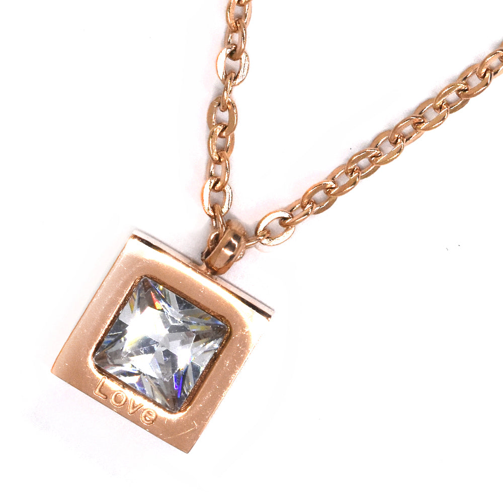 Stainless steel cubic zirconia Love engraved square necklace - SSVN9117