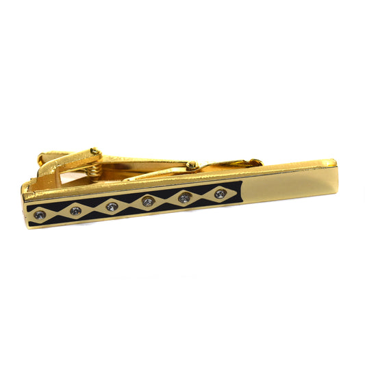 Copper based gold black argyle cubic zirconia pattern tie clip - Box Included