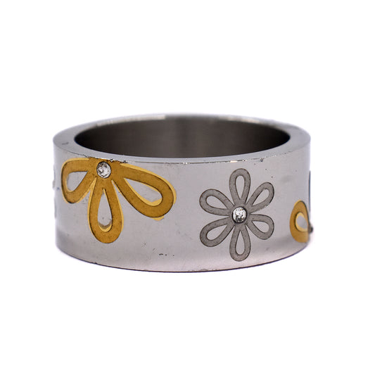 Stainless steel and gold flower engraved cubic zirconia ring - SSXR245