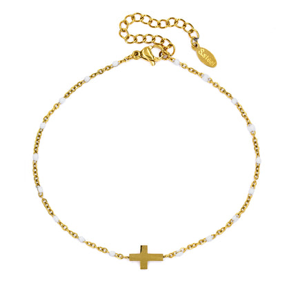 Stainless steel bead and cross anklet