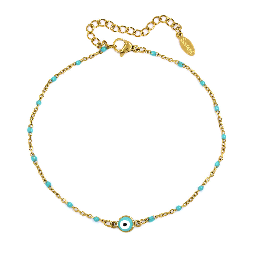 Stainless steel turquoise bead evil eye anklet