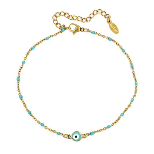 Stainless steel turquoise bead evil eye anklet