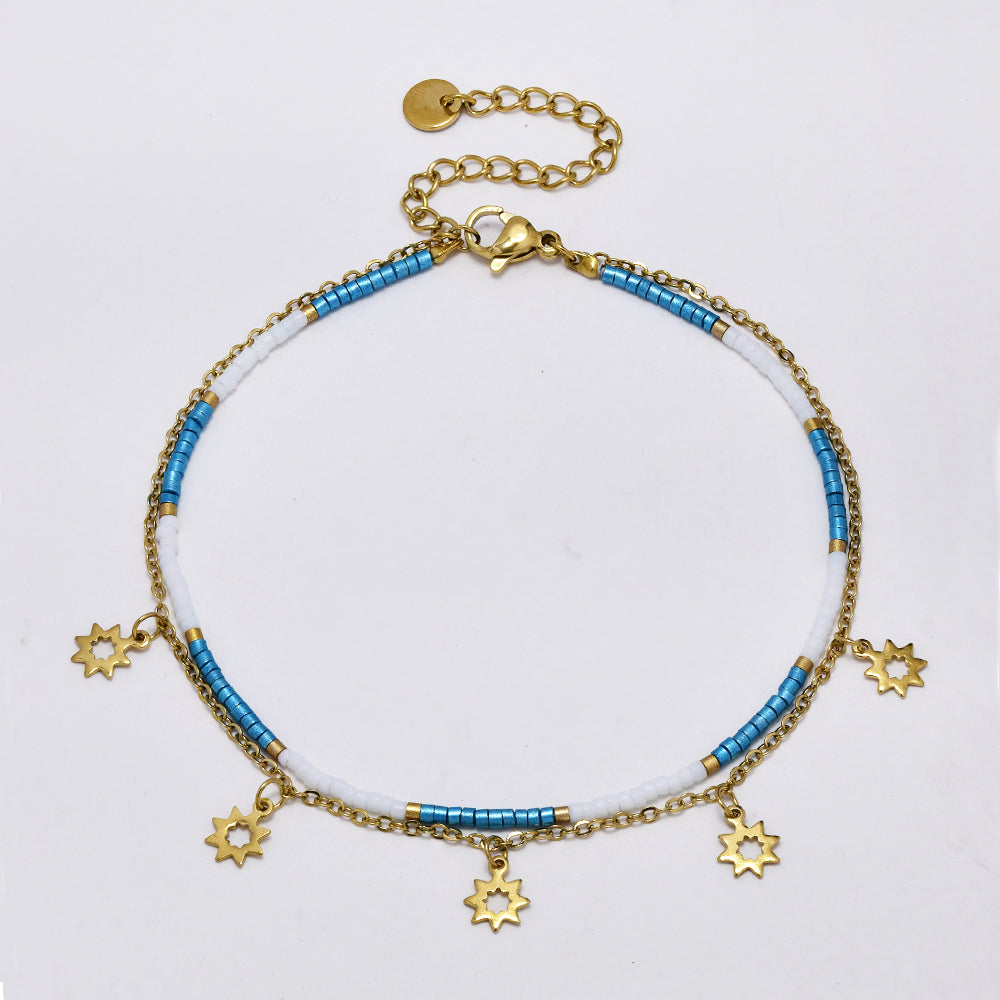 Stainless steel colour beaded and sun charm anklet - SSYA5176