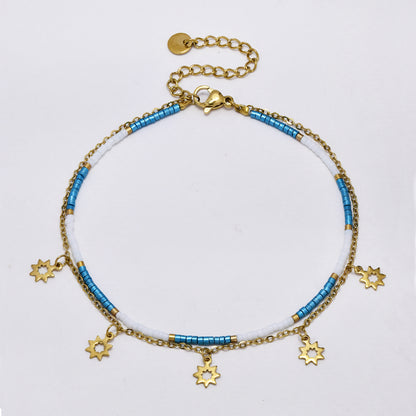 Stainless steel colour beaded and sun charm anklet - SSYA5176