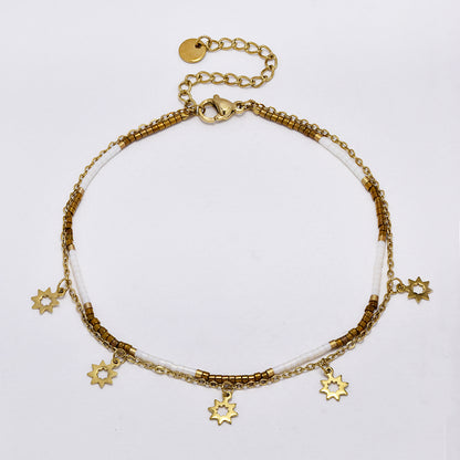 Stainless steel colour beaded and sun charm anklet - SSYA5176