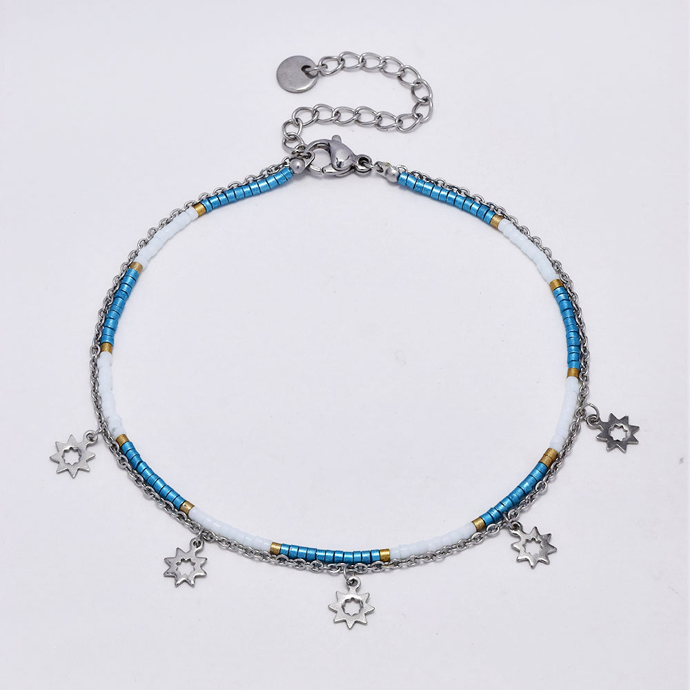 Stainless steel colour beaded and sun charm anklet