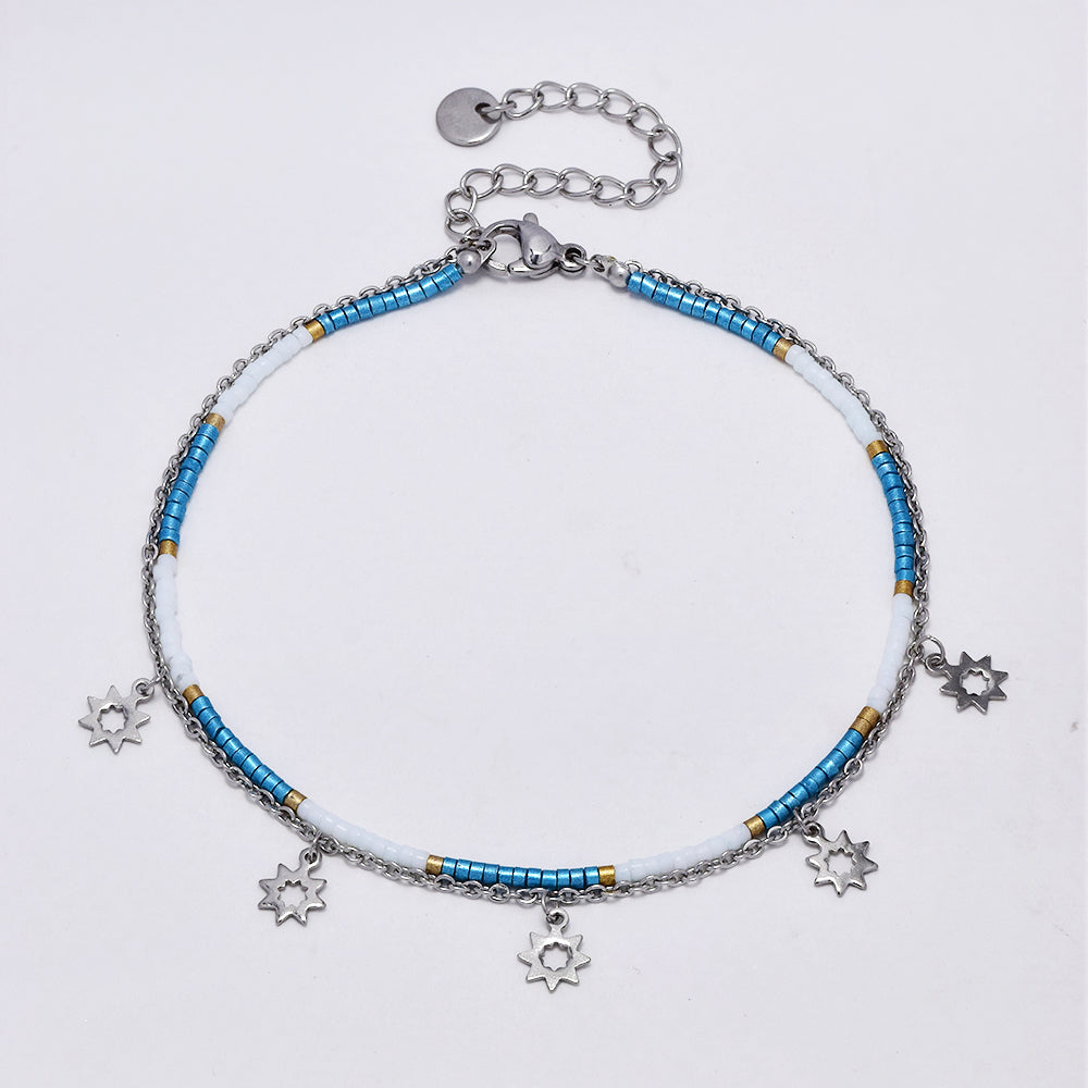 Stainless steel colour beaded and sun charm anklet - SSYA5176