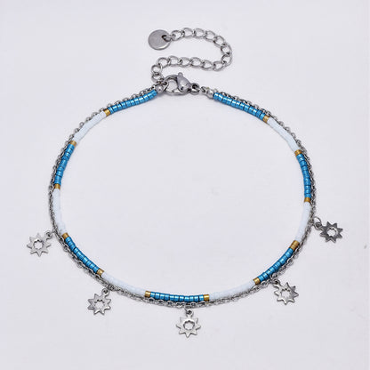 Stainless steel colour beaded and sun charm anklet