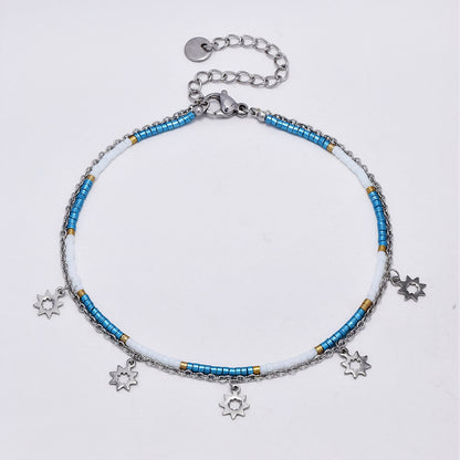 Stainless steel colour beaded and sun charm anklet - SSYA5176