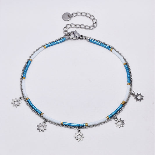 Stainless steel colour beaded and sun charm anklet - SSYA5176