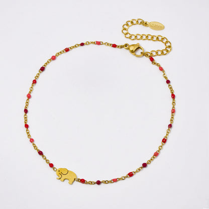 Stainless steel 19+5cm elephant charm enamel bead anklet - SSYA5330