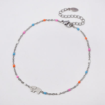 Stainless steel 19+5cm elephant charm enamel bead anklet - SSYA5330