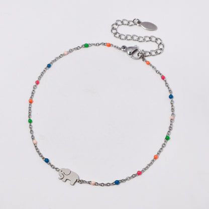 Stainless steel 19+5cm elephant charm enamel bead anklet - SSYA5330
