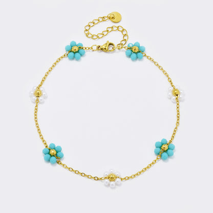 Stainless steel faux pearl and beaded flower anklet - SSYA5585