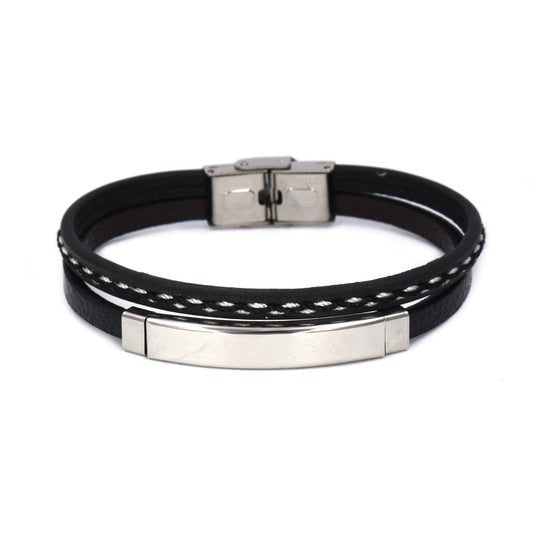 Black Stainless steel plate double row men's bracelet - SSYB4150