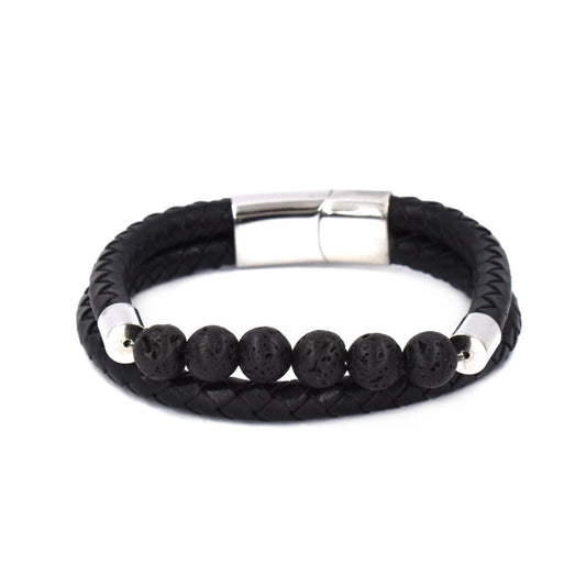 Black Stainless steel lava bead double row men's bracelet - SSYB4151