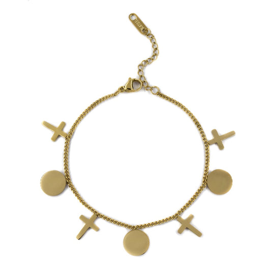 Stainless steel gold plated disk and cross charm bracelet - SSYB4466