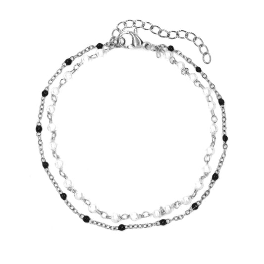 Stainless steel 2 row beaded and pearl bracelet - SSYB4725