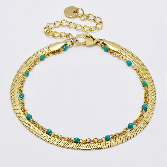 Stainless steel double layer bracelet with colour enamel beads 16+4cm - SSYB4931
