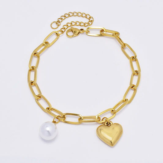 Stainless steel gold heart and pearl charm bracelet