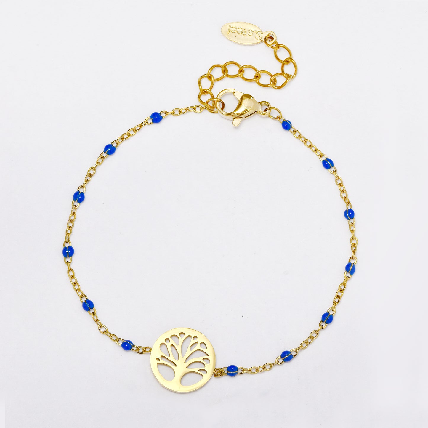 Stainless steel 16.3cm enamel bead bracelet with tree of life cutout charm - SSYB5335