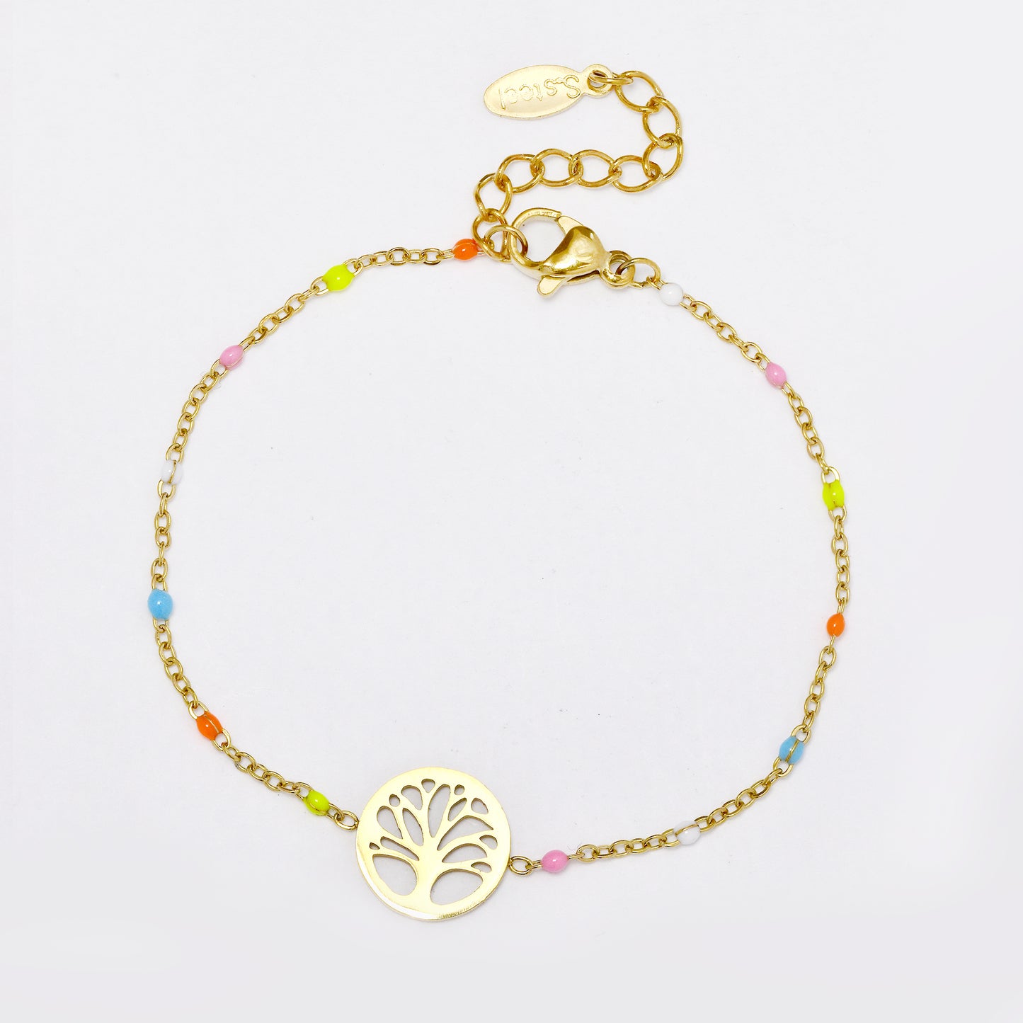 Stainless steel 16.3cm enamel bead bracelet with tree of life cutout charm - SSYB5335