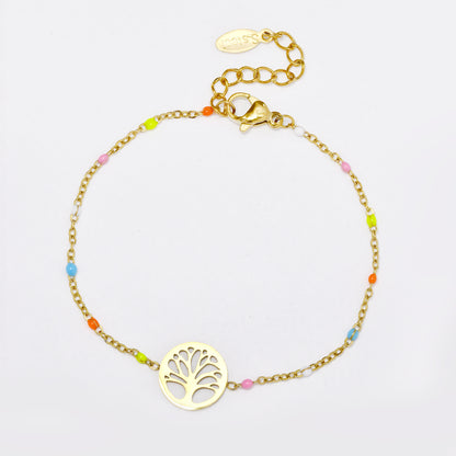 Stainless steel 16.3cm enamel bead bracelet with tree of life cutout charm - SSYB5335
